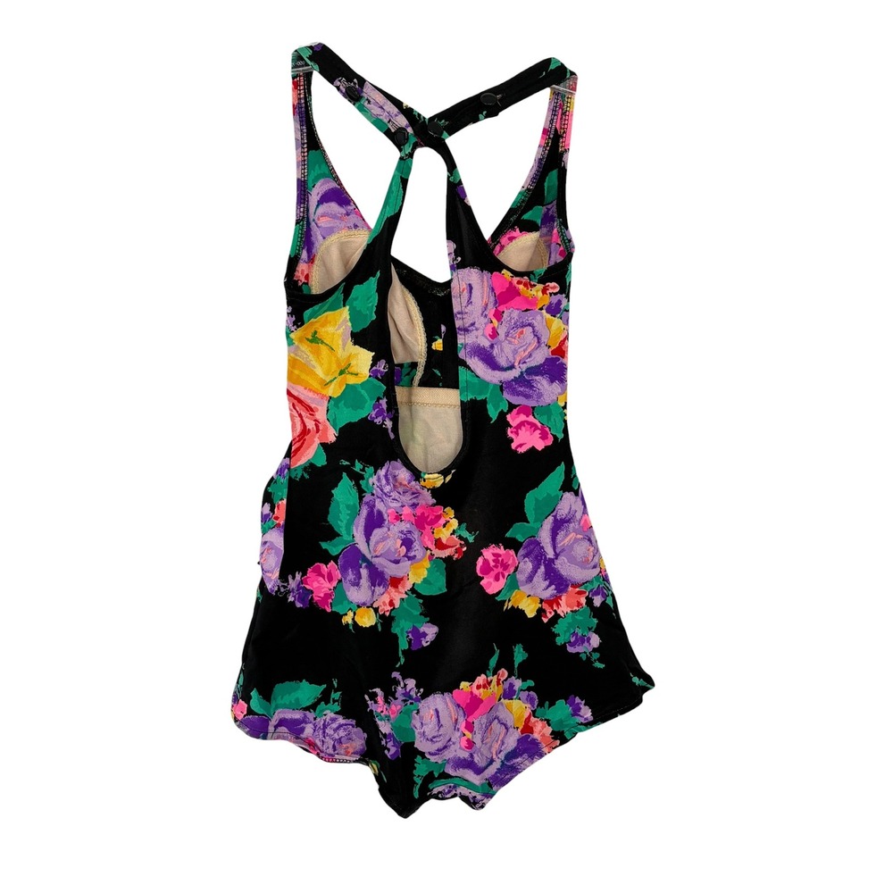 Vintage Floral Swim Dress Black Multi Color Ruffle One Piece Swimsuit Size L - Picture 2 of 6